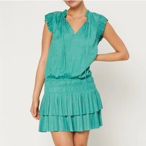 ANTHROPOLOGIE CURRENT AIR‎ Flutter Sleeve Dress Zoey Smocked Green Short Mini